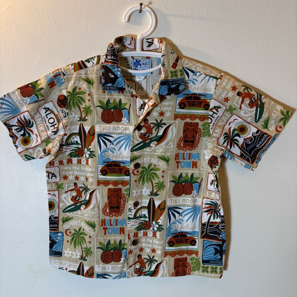 RJC Tan Postcard Tiki Print Hawaiian Aloha Shirt Made in‎ Hawaii Cotton Size 7